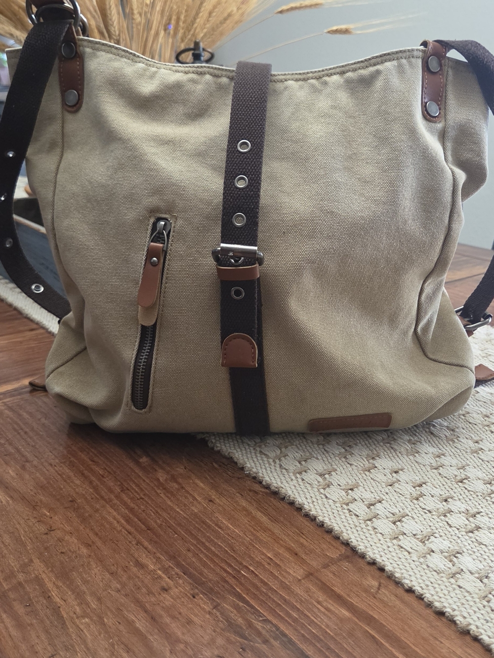 Shangri-La Canvas & Leather Accent Convertible Backpack Tote Bag